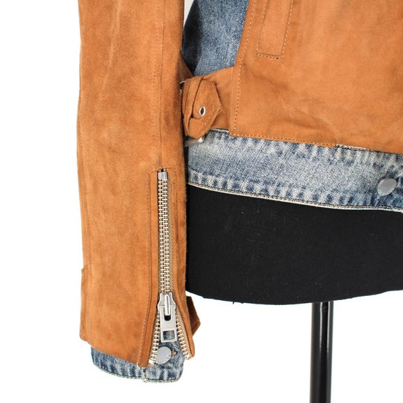 All Saints Frame Blue Denim Tan Suede Layered Jean Biker Jacket size 4 US 0 XS - Picture 5 of 7